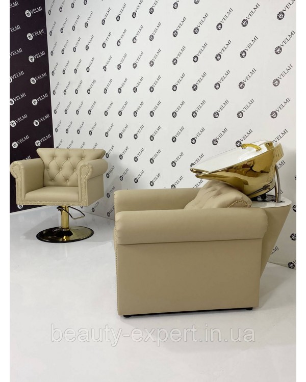 Мийка перукарська Lili Gold & White в салон краси крісло з мийкою та золотою керамікою для перукарень