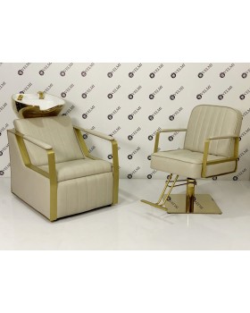 Перукарський комплект меблів Lux Bronx Gold крісло з золотою базою та крісло-мийка із золотою керамікою White Перукарський комплект меблів Lux Bronx Gold крісло з золотою базою та крісло-мийка із золотою керамікою White
