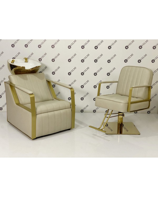 Перукарський комплект меблів Lux Bronx Gold крісло з золотою базою та крісло-мийка із золотою керамікою White Перукарський комплект меблів Lux Bronx Gold крісло з золотою базою та крісло-мийка із золотою керамікою White