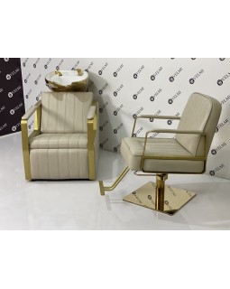 Парикмахерский комплект мебели Lux Bronx Gold кресло золотой базе и кресло-мойка с золотой керамикой White-foto3