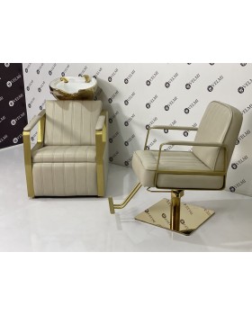 Перукарський комплект меблів Lux Bronx Gold крісло з золотою базою та крісло-мийка із золотою керамікою White-foto3