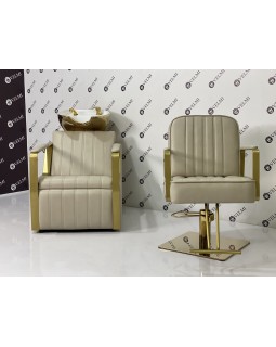 Парикмахерский комплект мебели Lux Bronx Gold кресло золотой базе и кресло-мойка с золотой керамикой White-foto4