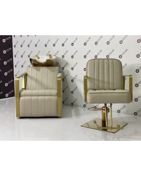 Перукарський комплект меблів Lux Bronx Gold крісло з золотою базою та крісло-мийка із золотою керамікою White-foto4