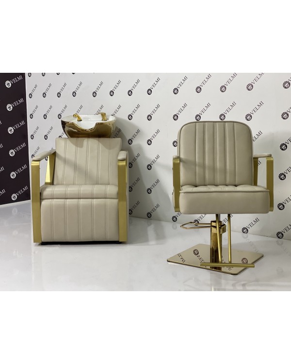 Перукарський комплект меблів Lux Bronx Gold крісло з золотою базою та крісло-мийка із золотою керамікою White Перукарський комплект меблів Lux Bronx Gold крісло з золотою базою та крісло-мийка із золотою керамікою White