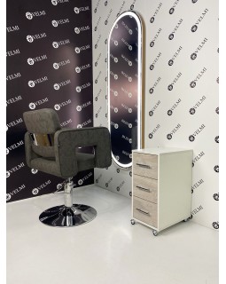 Комплект парикмахерской мебели 3в1 Silver Gloria (зеркало настенное кресло на хромированном диске и тележка) Комплект парикмахерской мебели 3в1 Silver Gloria (зеркало настенное кресло на хромированном диске и тележка)