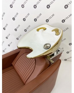 Стильный Gold комплект парикмахерской мебели мойка с золотой керамикой White и кресло c базой золотой квадрат-foto5