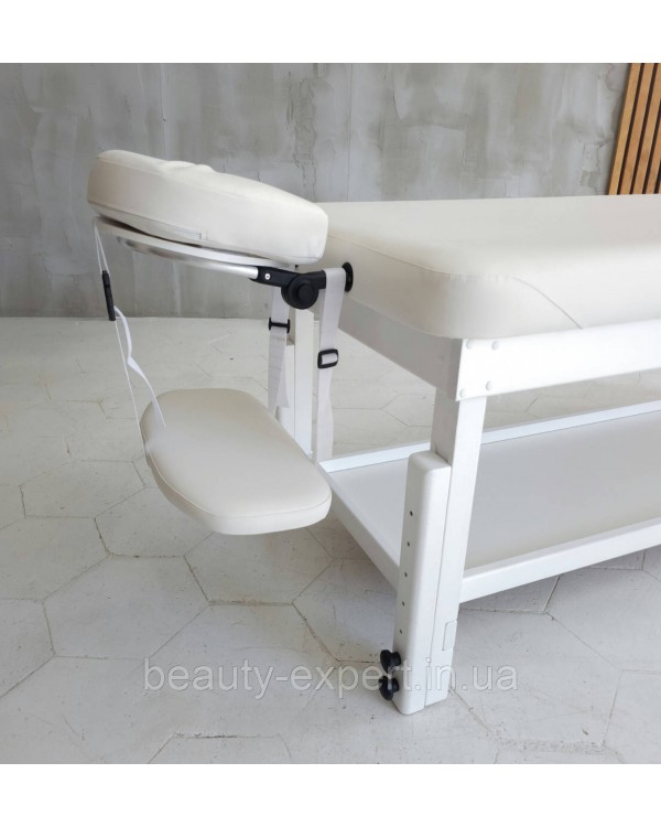 Кушетка масажна дерев'яна SPA масажний стіл 1 секційний з підголовником та полицею ST_KP-9 WHITE&SNOW