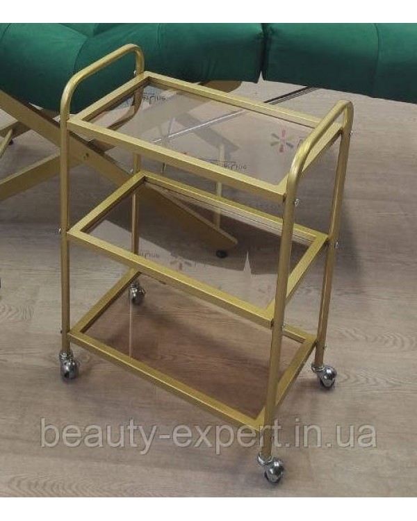 Візок для косметолога Лешмейкер салону краси GOLD_Mini столик пересувний на 3 полиці скляний Візок для косметолога Лешмейкер салону краси GOLD_Mini столик пересувний на 3 полиці скляний