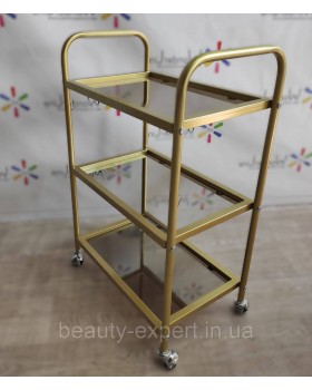 Візок для косметолога Лешмейкер салону краси GOLD_Mini столик пересувний на 3 полиці скляний Візок для косметолога Лешмейкер салону краси GOLD_Mini столик пересувний на 3 полиці скляний