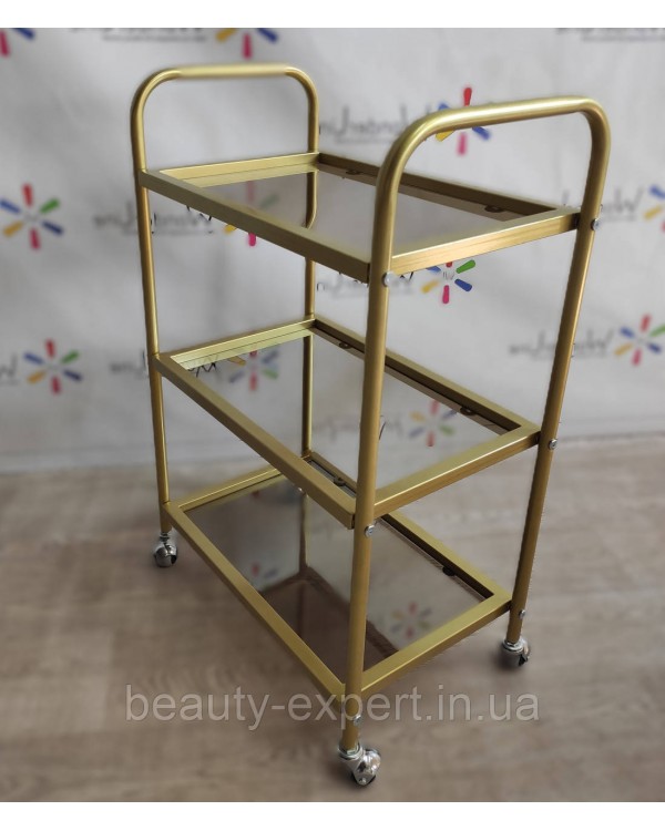 Візок для косметолога Лешмейкер салону краси GOLD_Mini столик пересувний на 3 полиці скляний Візок для косметолога Лешмейкер салону краси GOLD_Mini столик пересувний на 3 полиці скляний